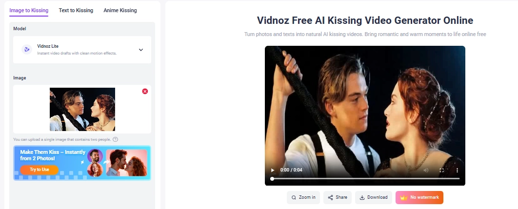 Make Titanic Couple Image to Kissing Video on Vidnoz