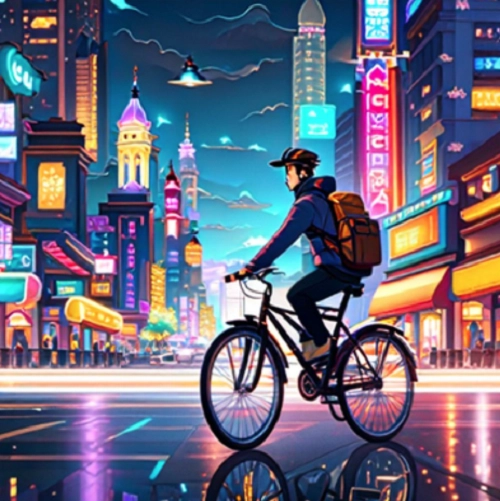 Man Riding a Bicycle in a Luminous Cityscape