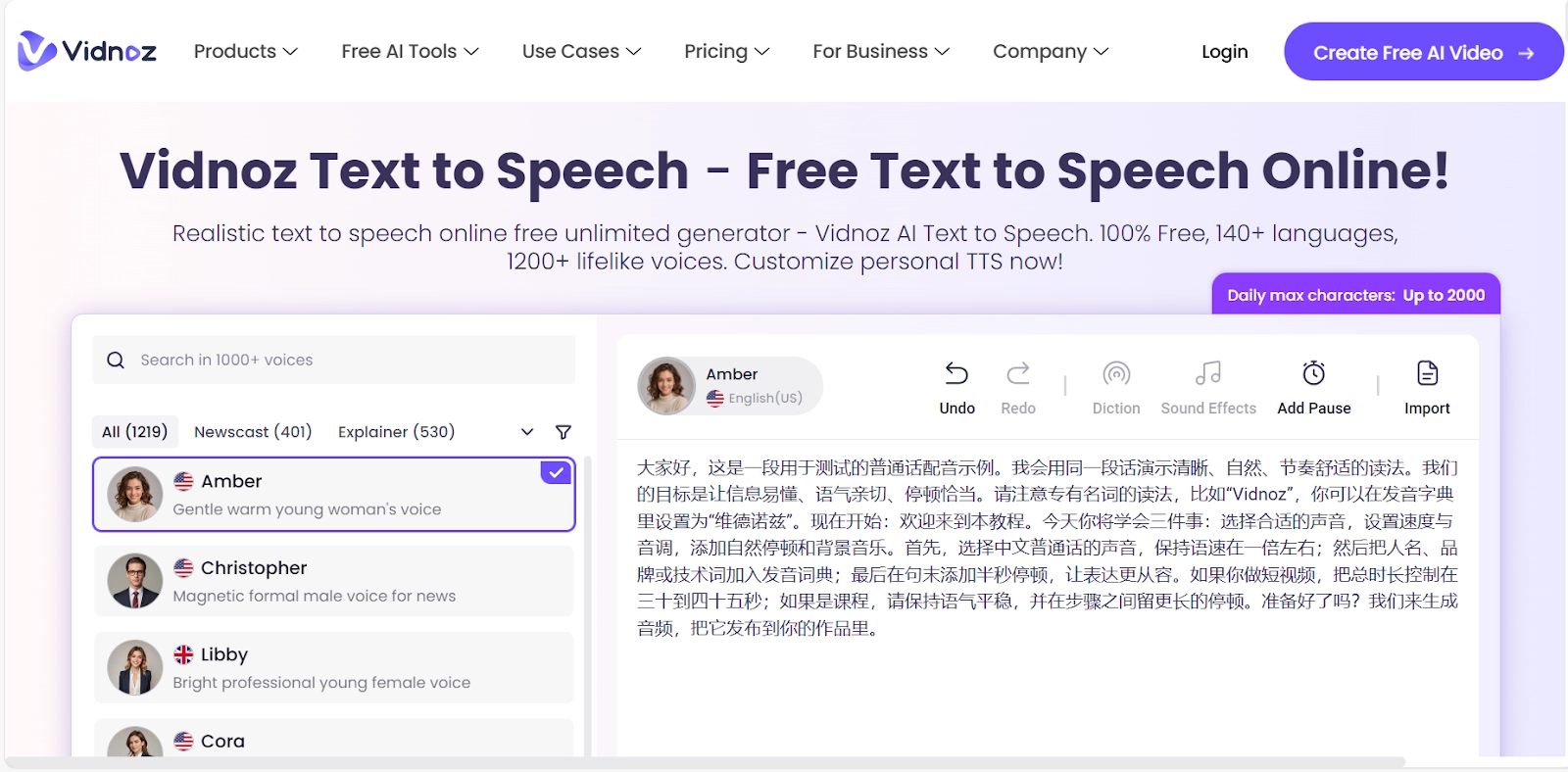Mandarin Text to Speech Vidnoz Process