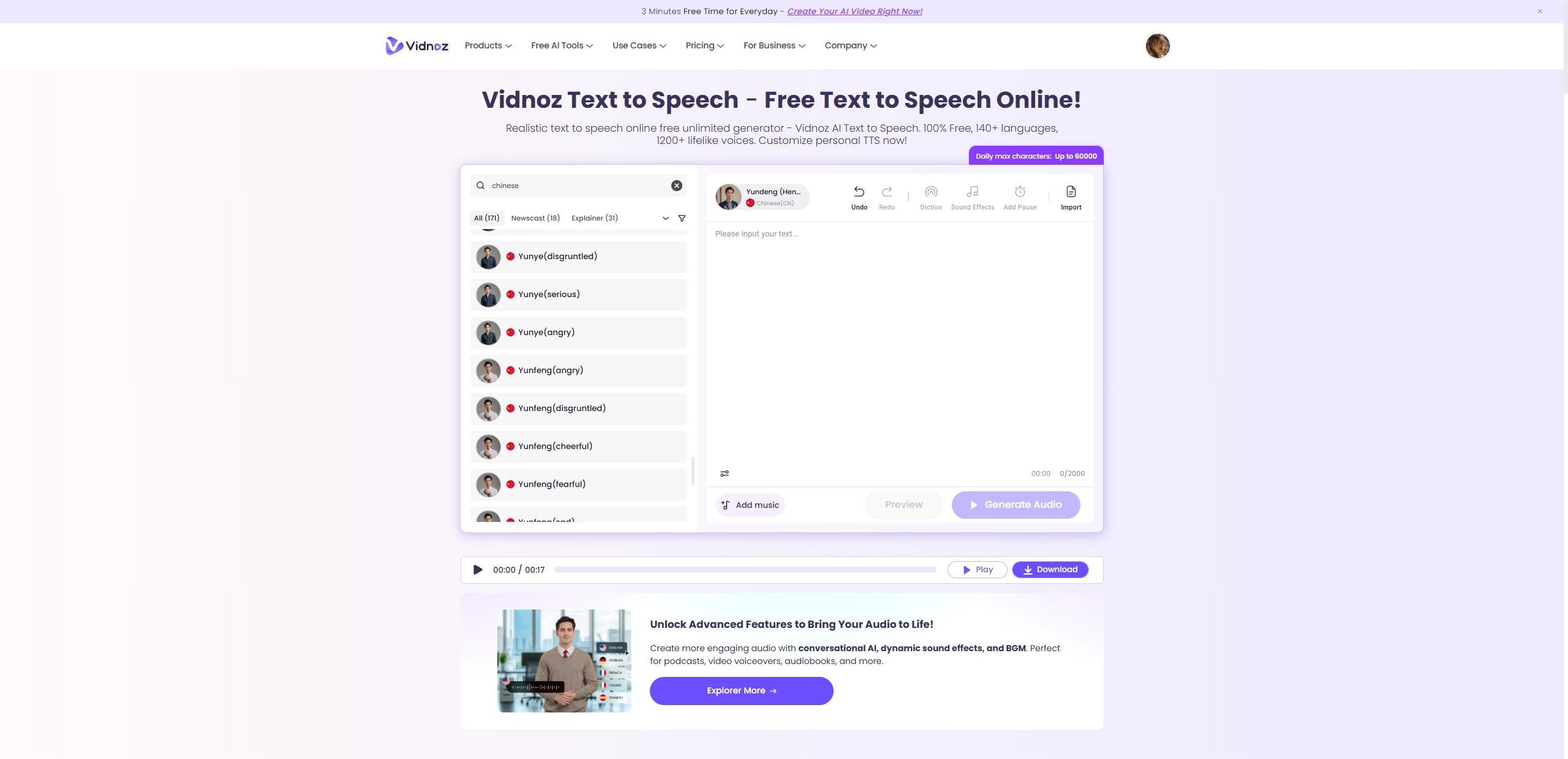 Mandarin Text to Speech Vidnoz