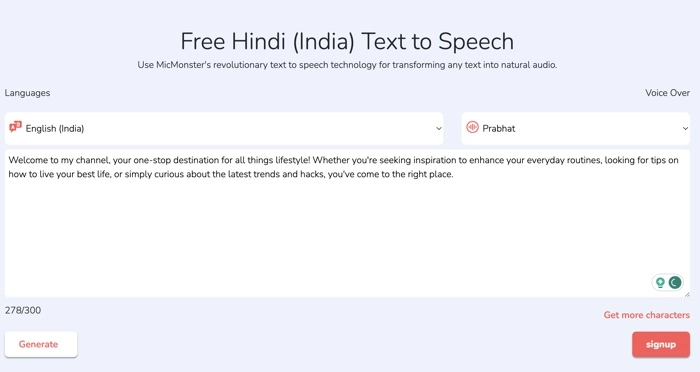 MicMonster Free Hindi India Text to Speech