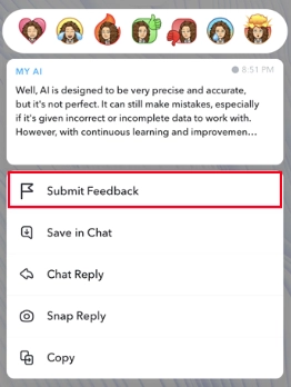 Send Feedback about My AI on Snapchat