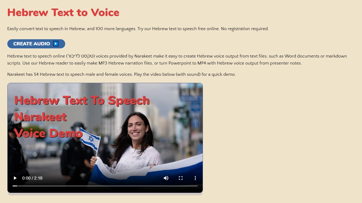 Narakeet Hebrew Text to Speech: 54 Authentic Hebrew Authentic Voices & API Access