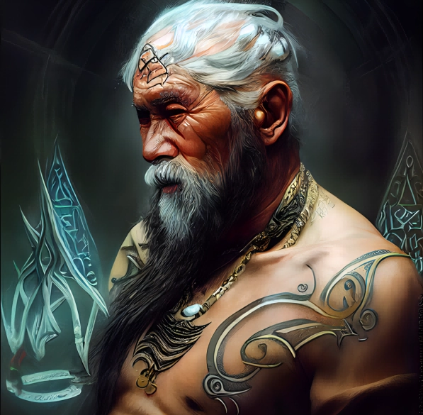 Old, Heavily-Tattooed Asian Warrior with Glowing Runes