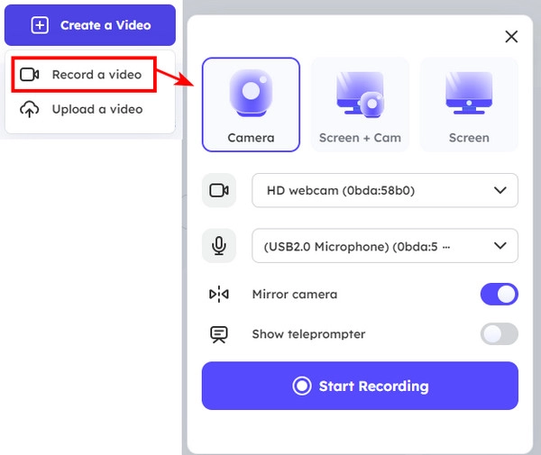 „Kamera“ auswählen, um Videos mit der Webcam aufzunehmen