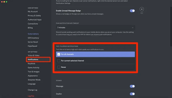 Open the Text to Speech Notifications on Discord