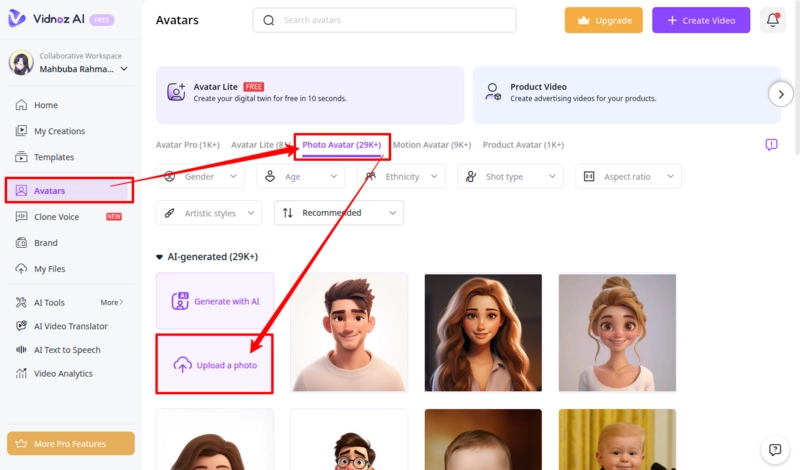Photo Avatar Upload Interface in Vidnoz