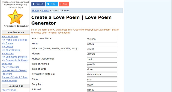 PoetrySoup Love Poem Generator