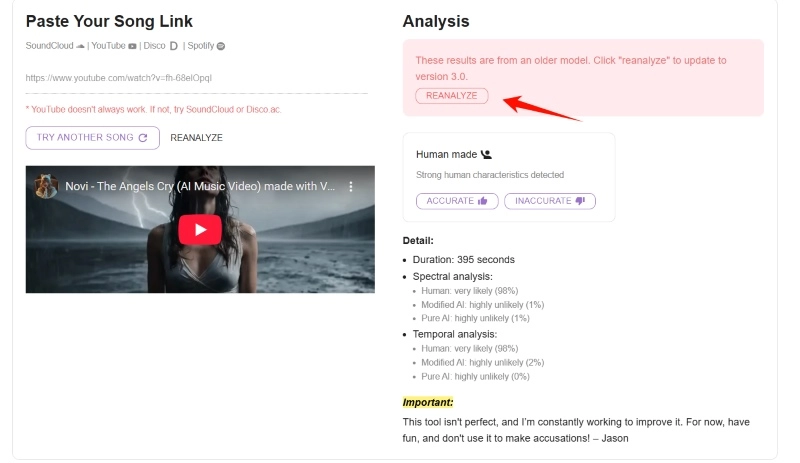 Reanalyze the Audio with Advanced AI Music Detector