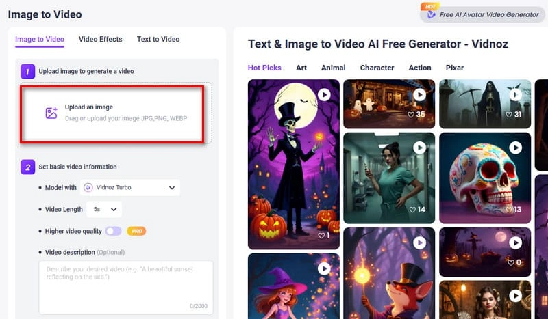 Reference to Video AI Vidnoz Image Upload