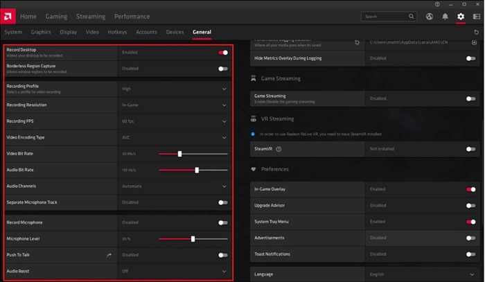 AMD Screen Recorder Setting Interface