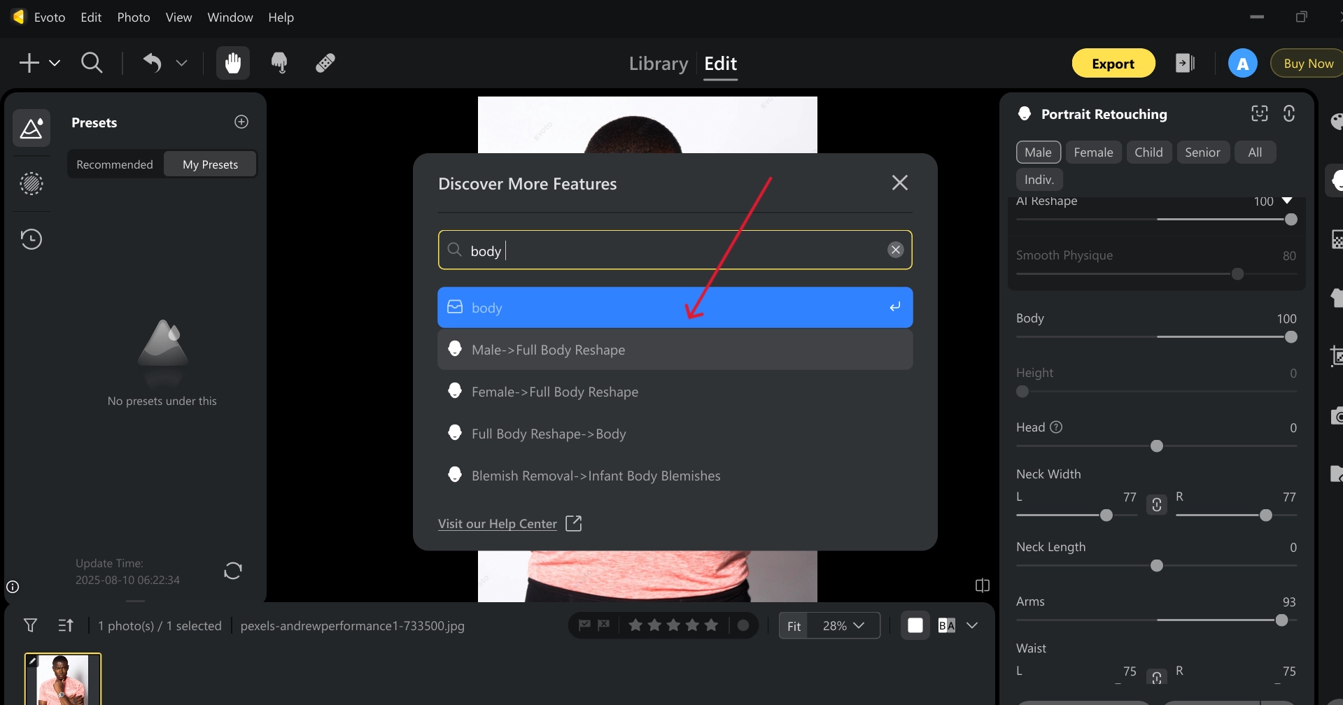 Search for Full Body Reshape and Select it