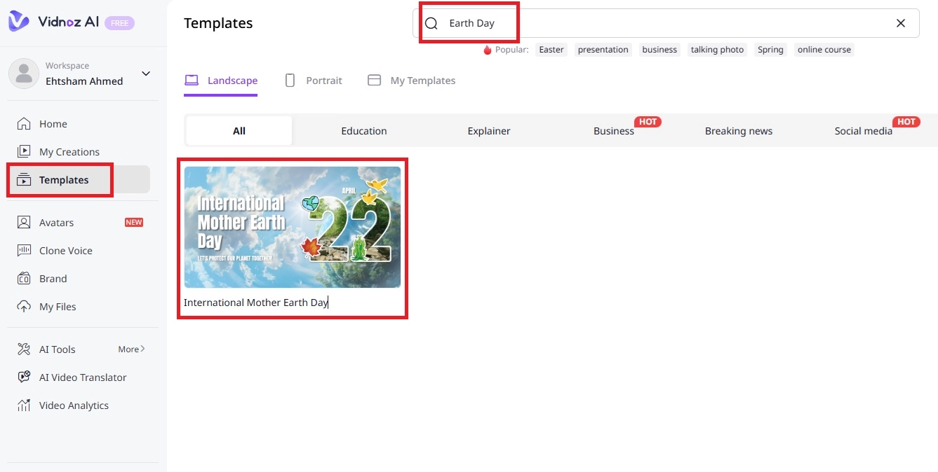 Searching Earth Day Video Template With Vidnoz AI
