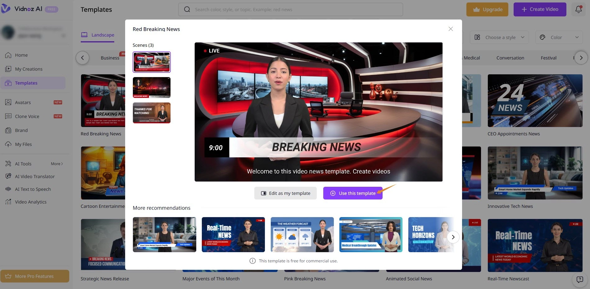 Select and Use a News Template in Vidnoz AI