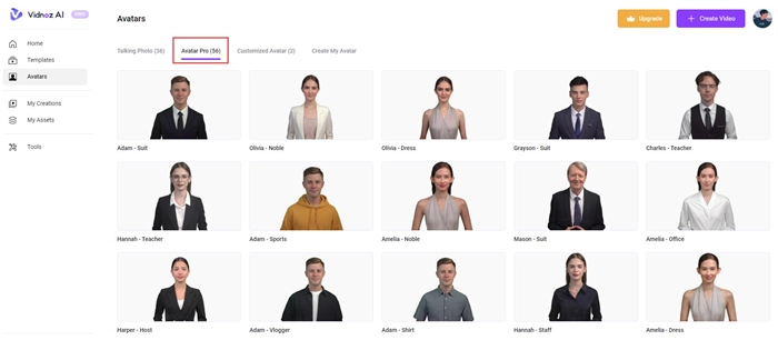 Select from Vidnoz AI Avatars Pro