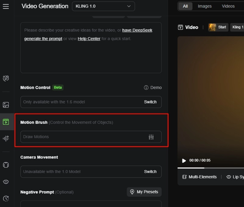 Select Motion Brush Feature in Kling AI