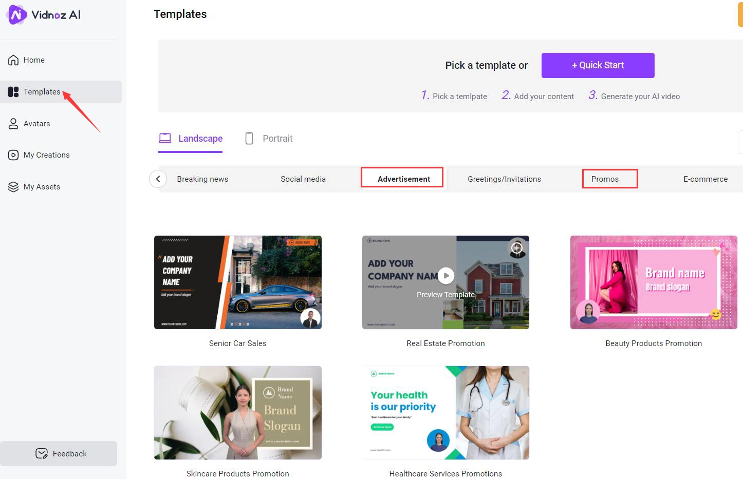 Select Templates for Video Marketing - Vidnoz AI