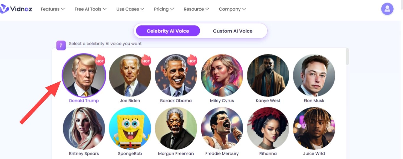 Select Vidnoz AI Celebrity