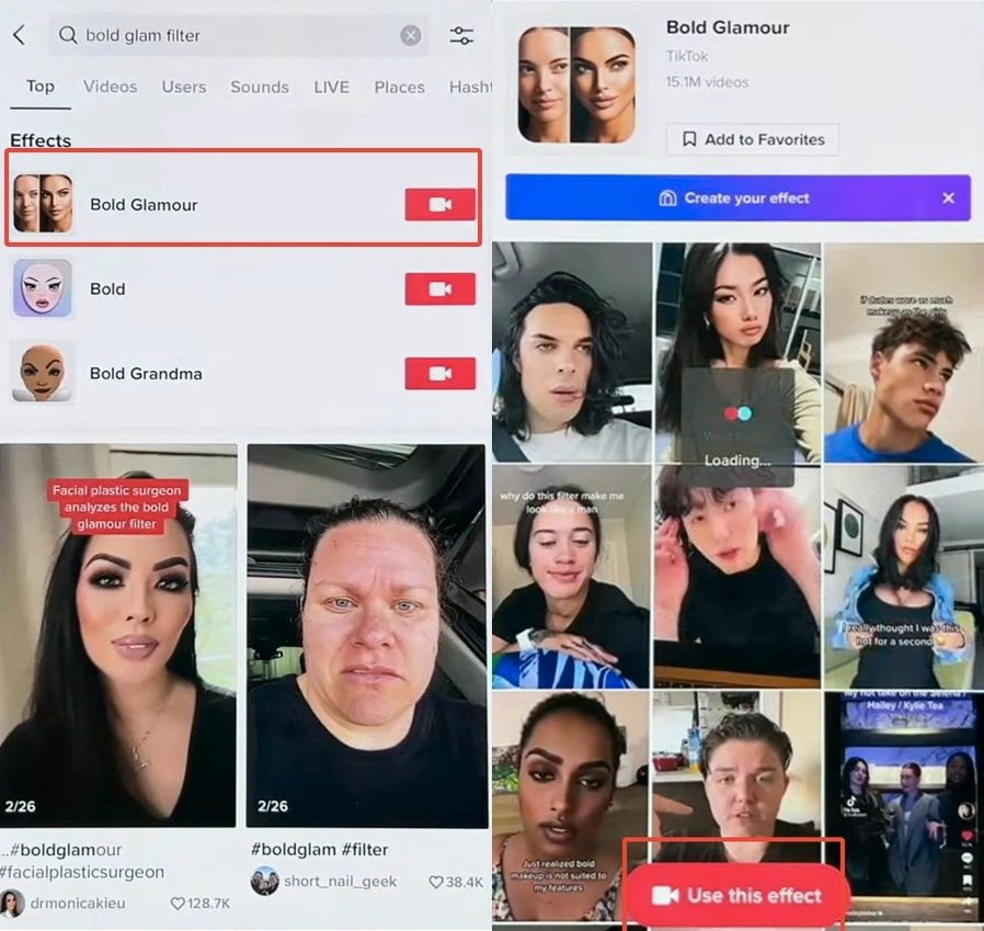 Serach and Use Bold Glamour Filter