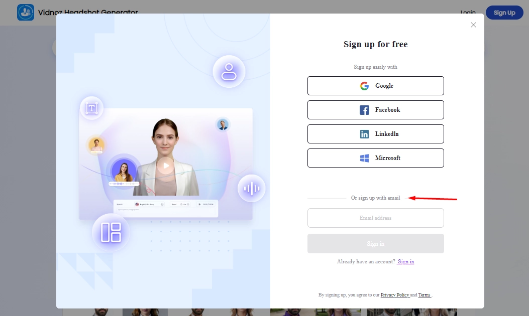 Sign up to Make Headshot AI Photo with Vidnoz AI