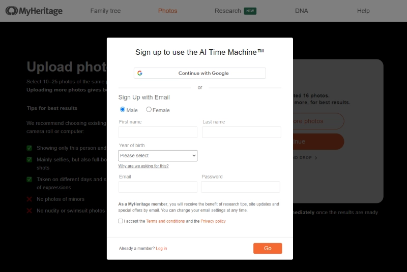 Sign Up to MyHeritage AI Time Machine