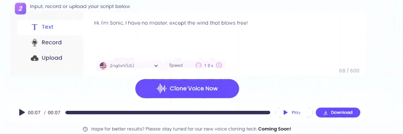 Sonic AI Voice Vidnoz AI Voice Clone Enter Text