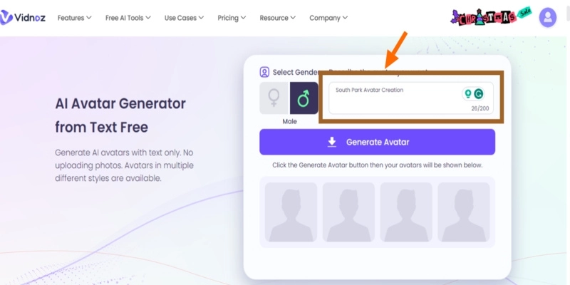South Park Avatar Creator Vidnoz AI - Step 2
