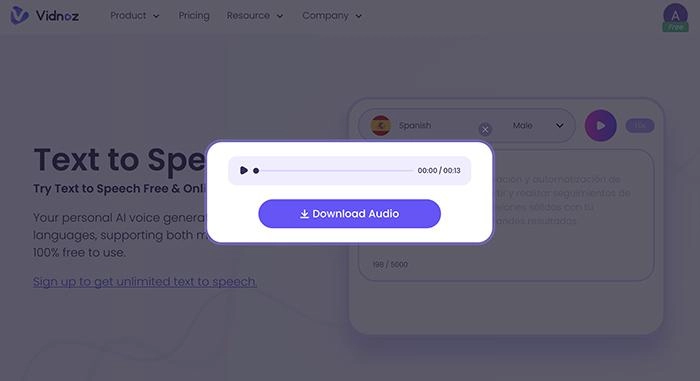 Spanish Text to Speech Vidnoz Download Audio