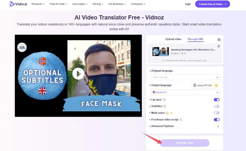 Steps to Translating a Video to English with Vidnoz - 3
