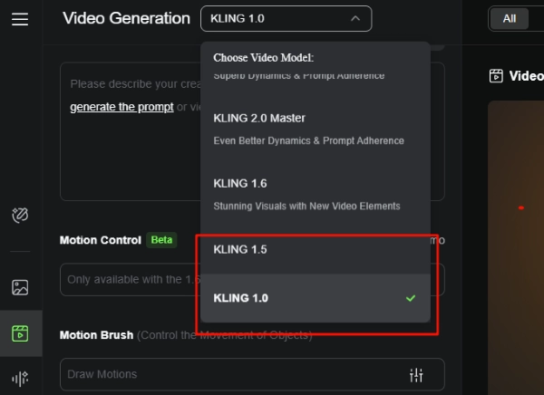 Switch to the Motion Brush Available KLING Video Model