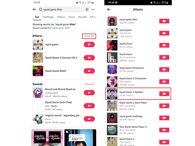 TikTok Find Squid Game Filter In Effects Search