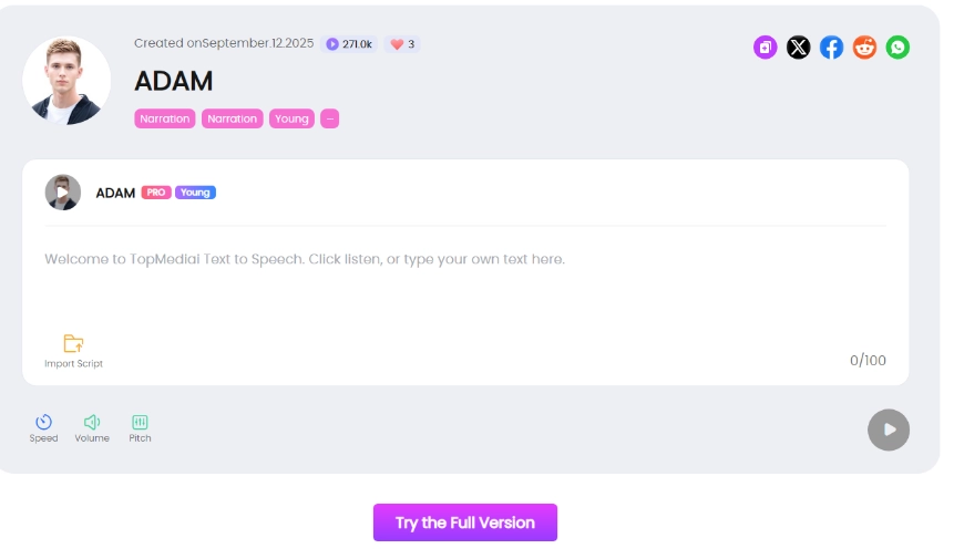 TopMediai - Random Adam AI Voice Text to Speech Online