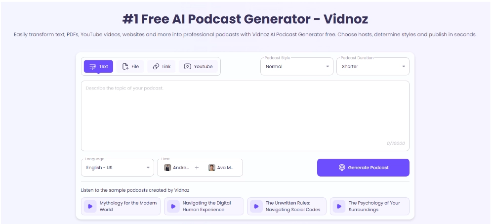Transform Any Audio to Podcast with Vidnoz AI