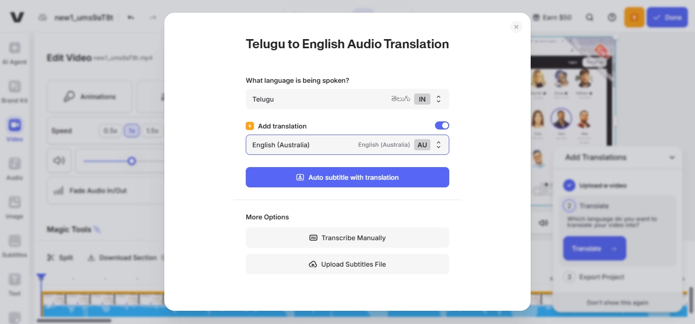 Translate Telugu Audio to English