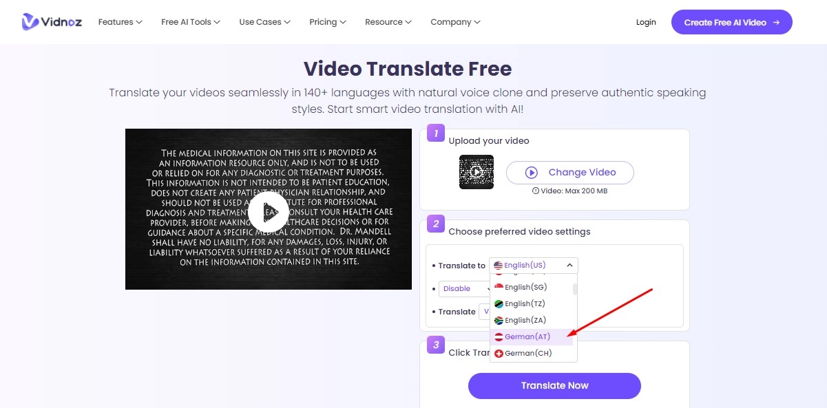 Translate YouTube Video with AI - Step 2 Translate to German