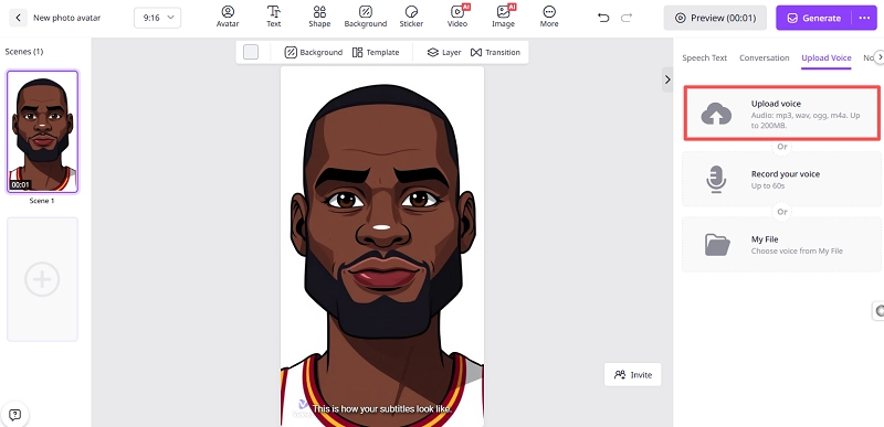Upload AI LeBron Voice to Create the Video
