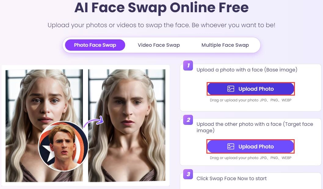 Upload Base Photo And Target Photo to Free Face Swap Website