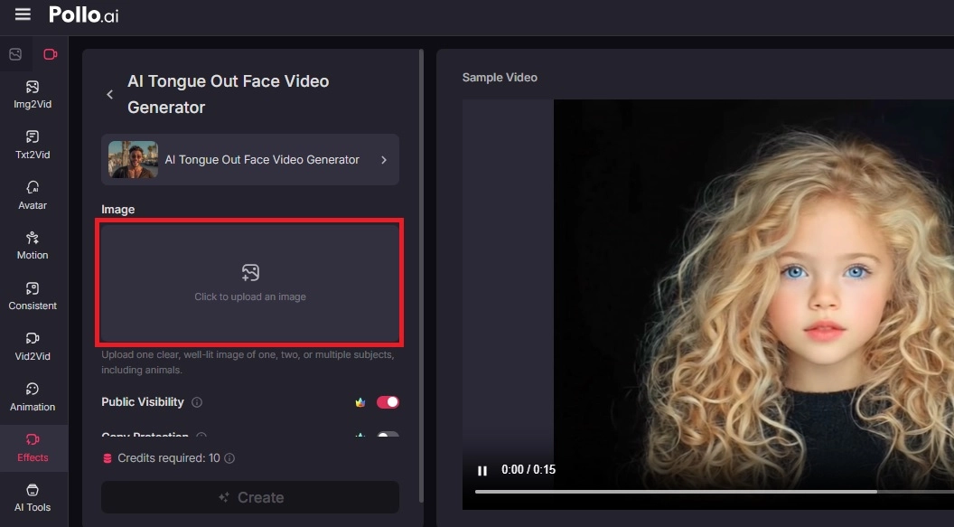 Upload Image in Pollo AI for AI Tongue Out Clip