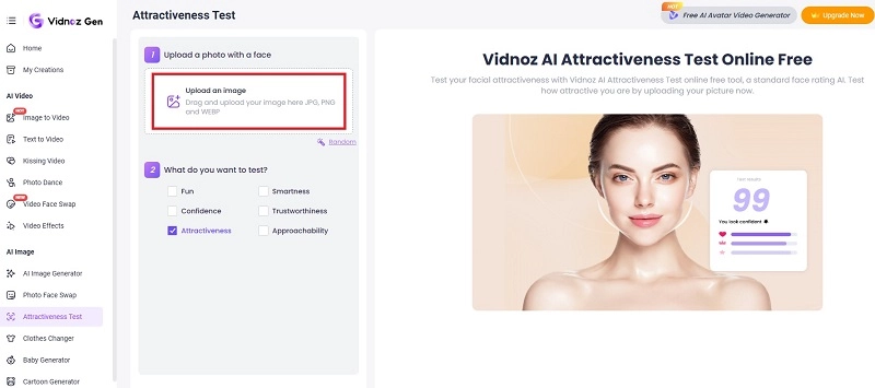 Upload Image to Run Attractiveness Test with Vidnoz AI
