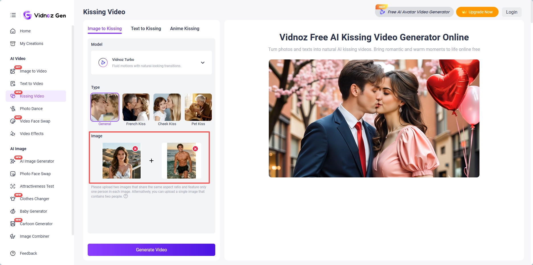 Upload Image to Vidnoz AI Kissing Video Generator