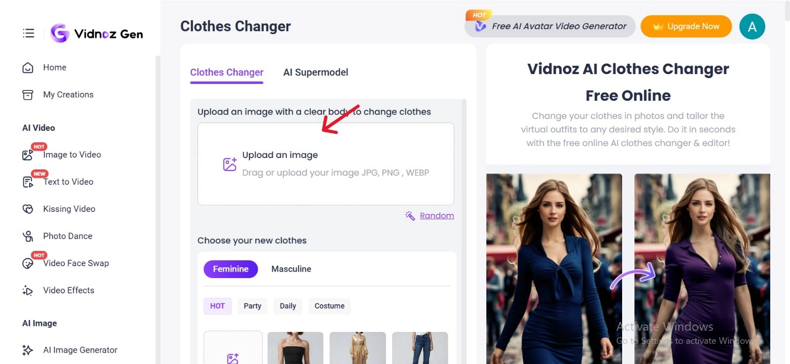 Upload Image to Vidnoz Clothes Changer