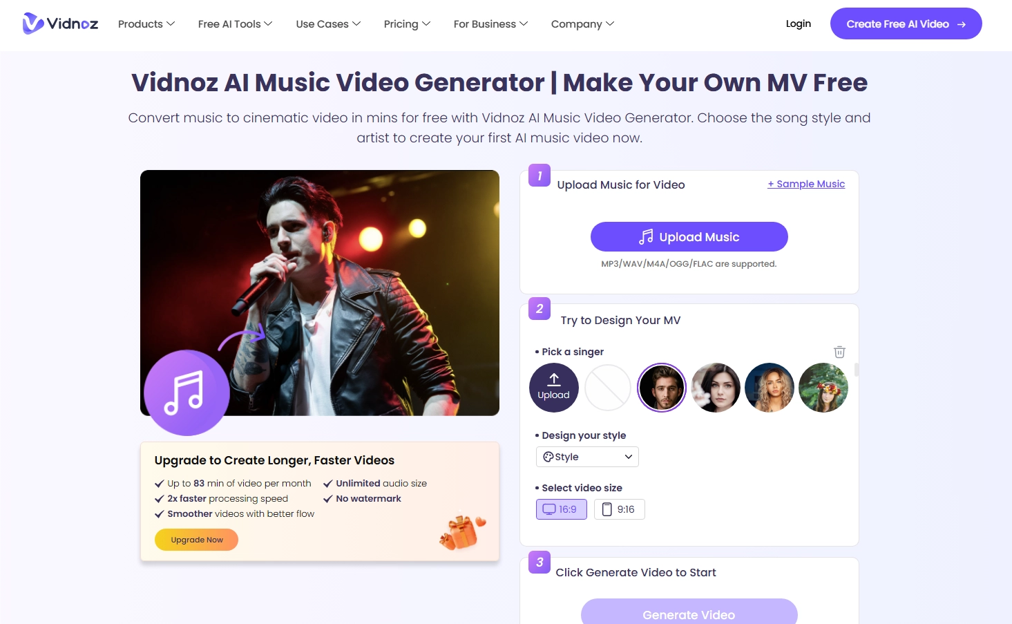 Upload Music to Vidnoz AI Music Video Generator