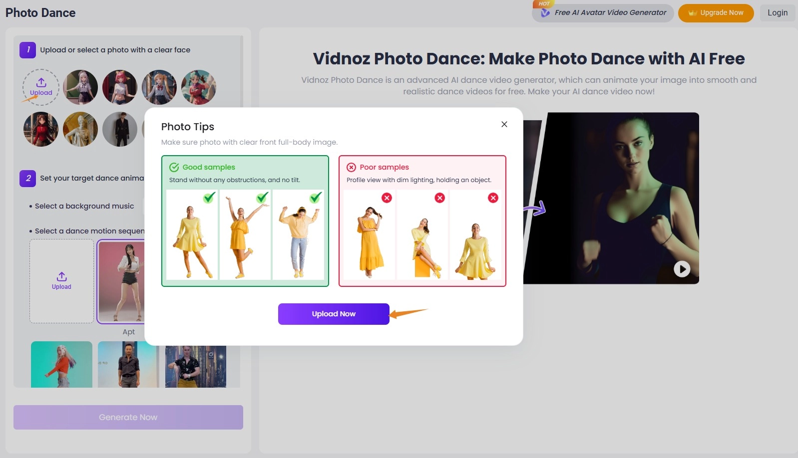 Upload Photo to Vidnoz AI Dance Move Generator