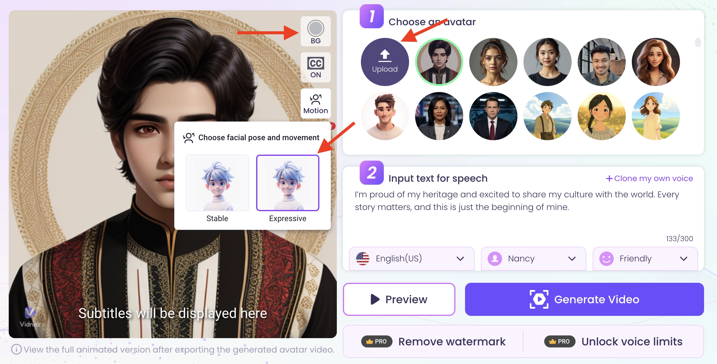 Upload the Ethnic Avatar and Select Motion, Colors