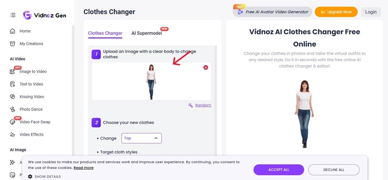 Upload the Image to Vidnoz Clothes Changer