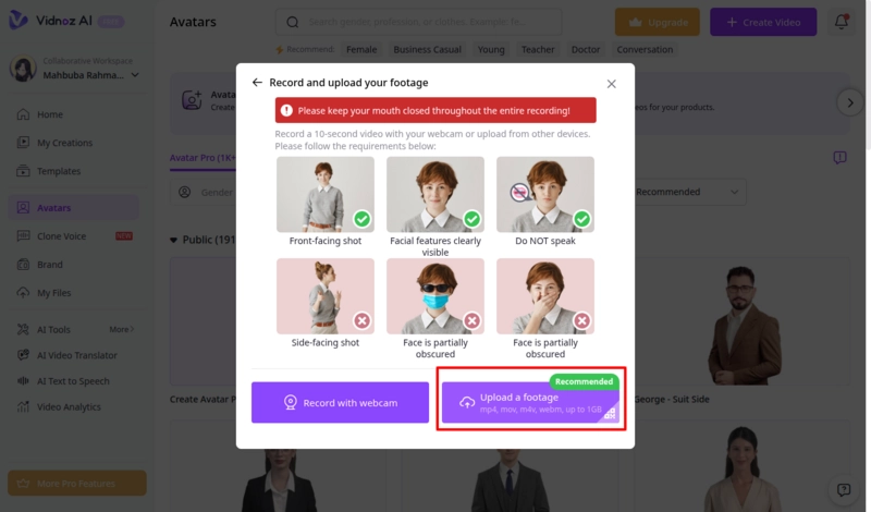 Upload Video Footage Screen in Vidnoz