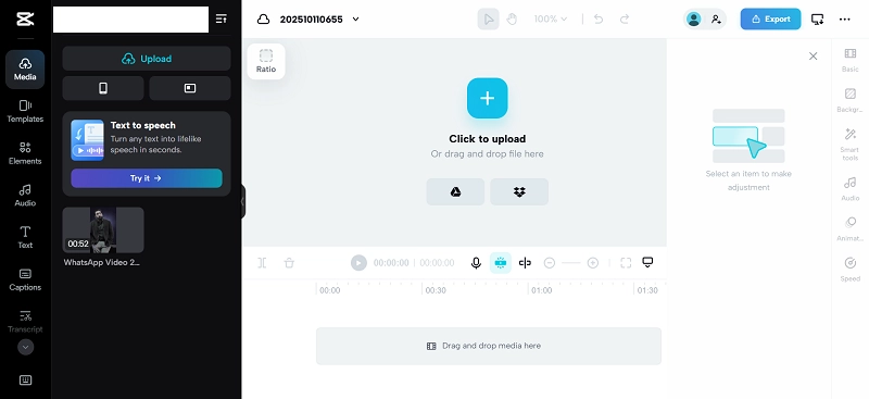 Upload Video on Capcut for Transparent Background