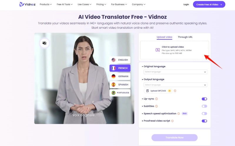 Upload Video to Vidnoz Multi Language Translator
