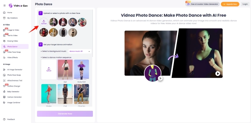 Upload Your Photo to Vidnoz Photo Dance for AI Dance Video