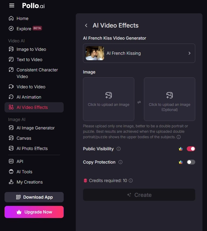 Uploading Image to Pollo AI for French Kiss Video